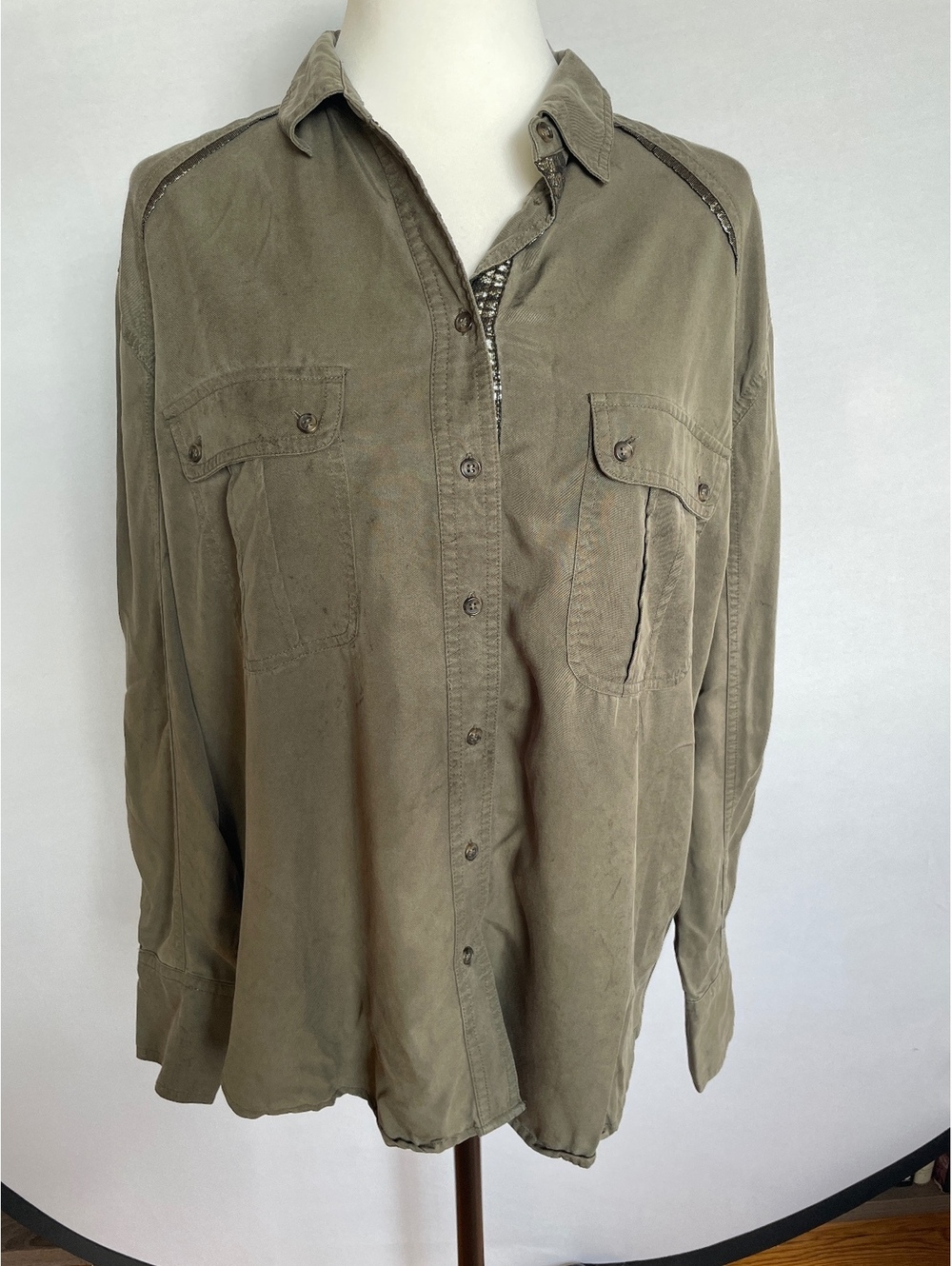 Free People M Olive Green Button Up Shirt Fairy Grunge Utility Alt Rock Sparkle